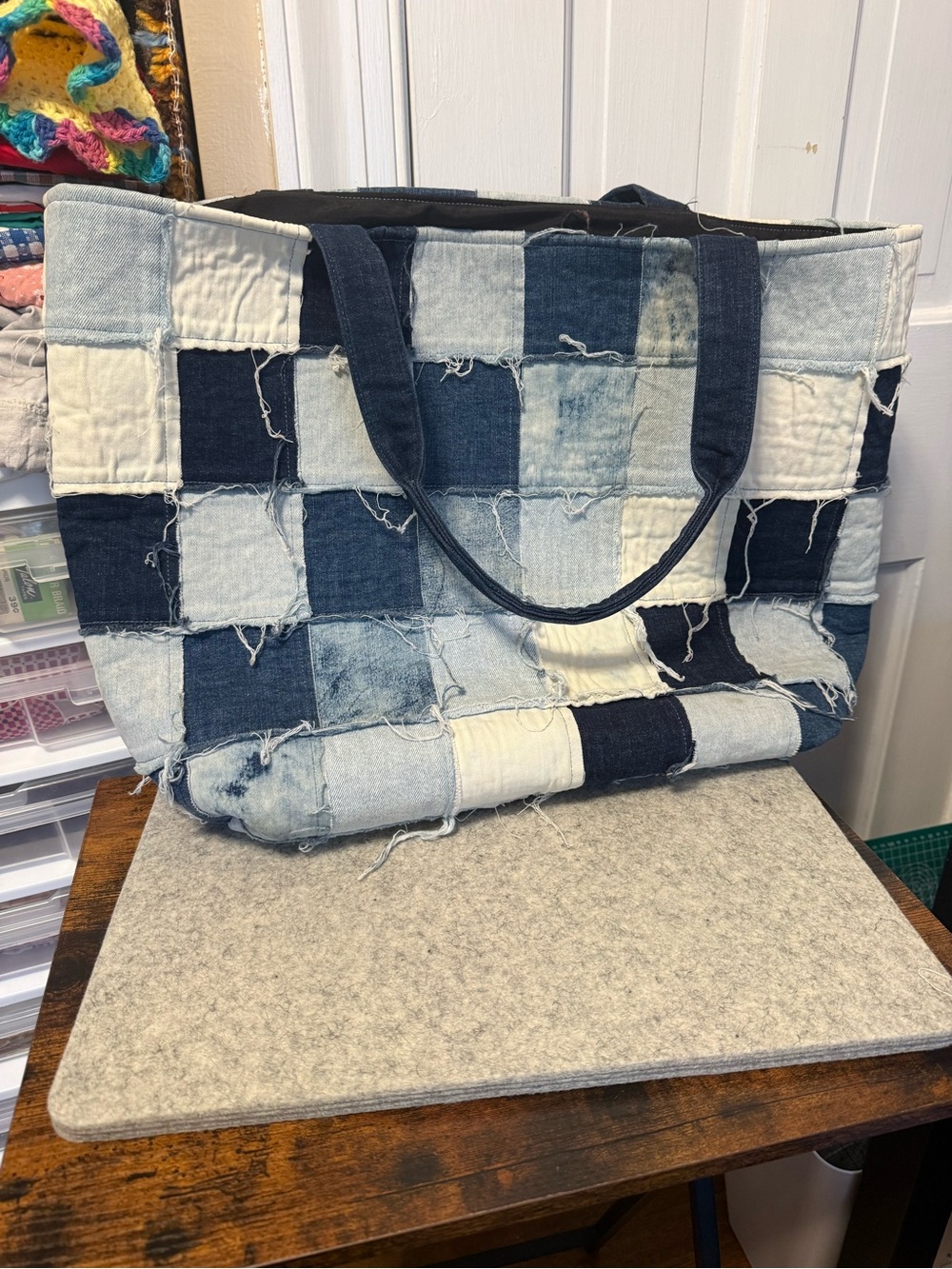Handmade upcycled denim patchwork bag. XL.